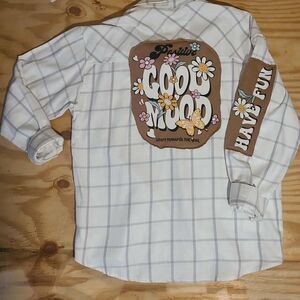 Feelin Groovy Upcycled Good Mood Have Fun Large White Flannel Shacket